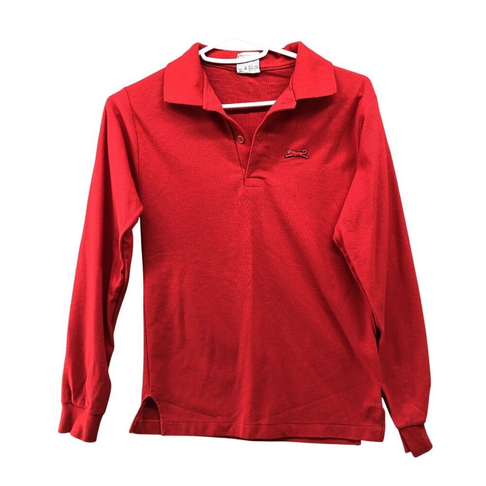 Vintage Le Tigre Kids Size‎ M 12-14 Long Sleeve Polo Shirt Red Embroidered